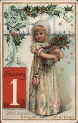 January 1 New Year Postcard, Little Girl with Holly Postcard