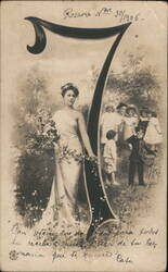 Number 7, Woman with Flowers, Children, Soldier Postcard