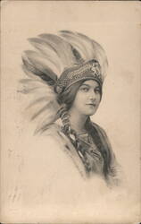 Young Woman in Native American Headdress Native Americana Postcard Postcard Postcard