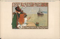 Red Star Line Antwerpen New York Steamship Ocean Liner Woman Child Binoculars Postcard Postcard Postcard