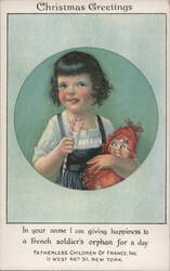 Christmas Girl with Candy Cane & Doll, Fatherless Children of France Postcard Postcard Postcard