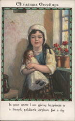 Christmas Greetings, French Soldiers Orphan, Girl with Doll Postcard