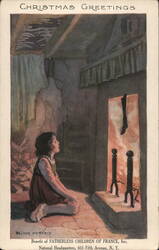 Christmas Greetings, Child by Fireplace, Fatherless Children of France Walter Demaris Postcard Postcard Postcard