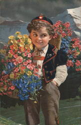 Swiss Boy with Flowers, Mountains With Children Postcard Postcard Postcard