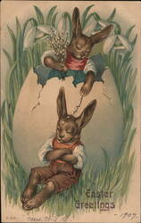 1907 Easter Greetings, Two Bunnies with Pussy Willows Postcard