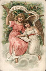 Two Angels with Christmas Tree, Wishing You a Merry Christmas Postcard Postcard Postcard