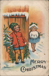 Merry Christmas Boy & Girl with Holly & Tree Postcard