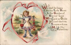 Girl with Valentine Hearts and Doves Postcard