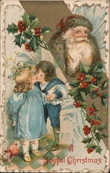 A Joyful Christmas, Children Kissing Under Mistletoe, Santa Postcard