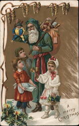 Green Santa Claus with Toys and Three Children, Merry Christmas Postcard Postcard Postcard