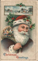 Santa Claus with Toys and Holly Christmas Greetings Postcard