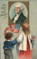 Three Cheers for George Washington, Children with US Flag Postcard