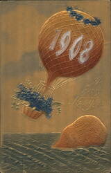 1908 Happy New Year Hot Air Balloon, Old Year 1907 Sinking New Year's Postcard Postcard Postcard