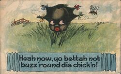 Racist Black Americana Postcard, "Heab now, yo bettah not buzz round dis chick'n!" Postcard