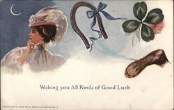 Wishing You All Kinds of Good Luck, Woman, Horseshoe, 4-Leaf Clover, Rabbit Foot Greetings Postcard Postcard Postcard