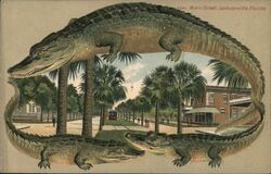 Main Street Jacksonville Florida with Alligator Border Postcard