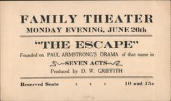 1916 Family Theater, The Escape, D.W. Griffith Postcard