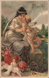 Charity Postcard, Woman & Cupid with Roses & Doves Postcard