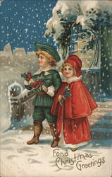 Fond Christmas Greetings, Boy & Girl with Holly Postcard