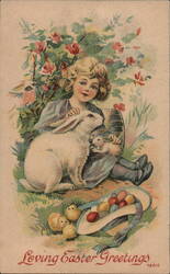 Little Girl with Easter Bunny, Chicks and Eggs Postcard