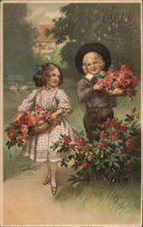 A Happy Easter, Children with Baskets of Roses Postcard