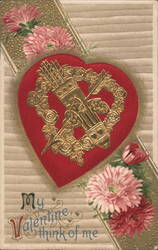 Gold Embossed Quiver, Arrows & Roses on Red Heart Valentine Postcard Postcard