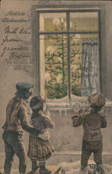 Children Looking at Christmas Tree Through Window Postcard