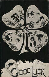 Good Luck Four Leaf Clover with Women, Horseshoe Postcard