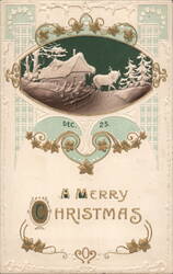 A Merry Christmas, Snowy Cabin, Horse & Sleigh Postcard