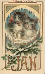 Two Kittens with Holly and Pine Sprigs, Happy New Year Postcard