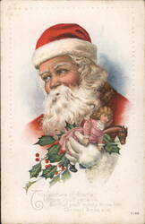 Santa Claus with Doll and Holly Sprig Postcard