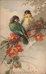 Two Green and Yellow Lovebirds Perched on a Flowering Branch Postcard