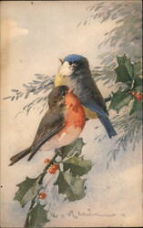 Two Birds on Holly Branch, Vintage Postcard Postcard