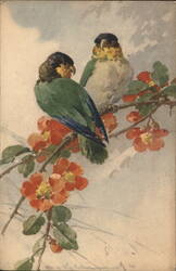 Two Lovebirds Perched on a Flowering Branch Postcard