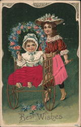 Best Wishes, Girl Pulling Baby in Cart Postcard