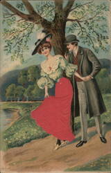 Couple Holding Hands by Tree, Woman Holding Skirt Postcard