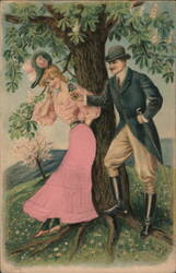 Couple Under Chestnut Tree, Man Giving Woman Flower Postcard