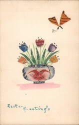 US Stamp Montage Easter Greetings, Tulips in Vase, Butterfly Postcard