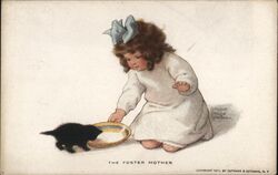 Little Girl Feeding Kitten Milk, The Foster Mother Cats B. Burgess Postcard Postcard Postcard