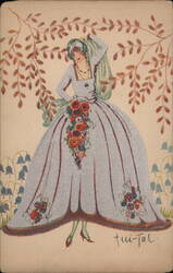 Woman in Silver Dress with Flowers, Art Deco Postcard Postcard