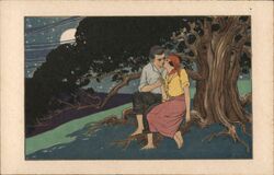 Couple Kissing Under a Tree at Night Postcard