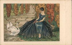 Woman in Blue Dress with Black Overskirt and Swans Artist Signed D. Gobbi Postcard Postcard Postcard