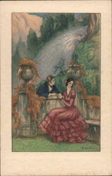 Couple Holding Hands by Wall with Urns, Waterfall Artist Signed D. Gobbi Postcard Postcard Postcard