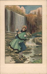 Couple Embracing by Waterfall, D. Bobbia Artist Signed D. Gobbi Postcard Postcard Postcard