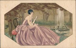 Woman Reading Letter by a Pond with Swans Artist Signed D. Gobbi Postcard Postcard Postcard