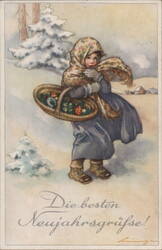 Vintage New Year's Postcard, Girl with Basket in Snow Postcard