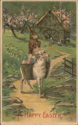 Happy Easter Lamb, Rabbit, Eggs Basket, Mill Postcard