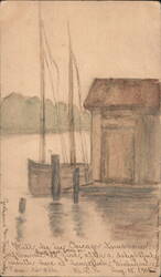 Boathouse on the Water Hand Drawn Postcard Postcard Postcard