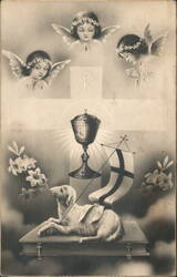 Antique Religious First Communion Postcard Lamb Chalice Angels Cross With Angels Postcard Postcard Postcard