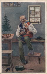 Vintage Czech Christmas Postcard, Grandfather and Granddaughter with Toys Children Jos. Stradada Postcard Postcard Postcard